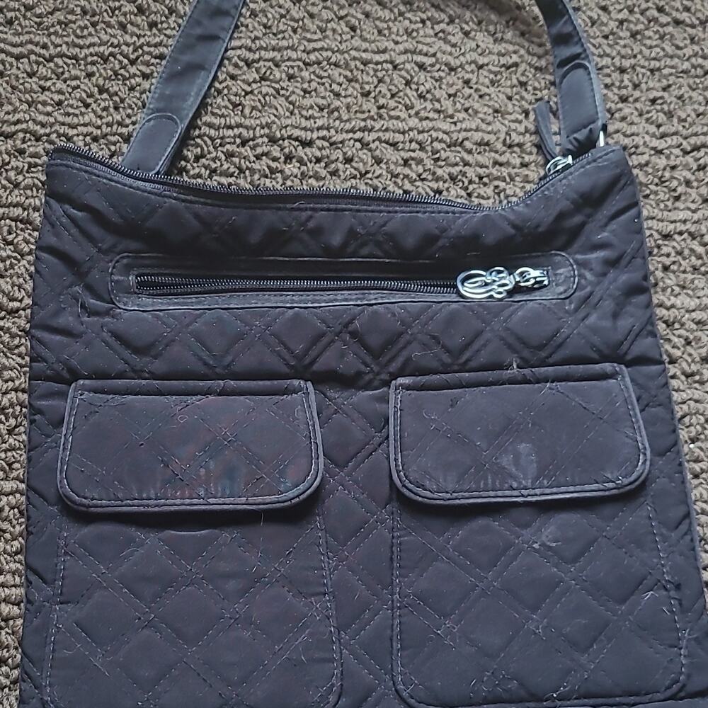 Vera Bradley Womens Black Quilted Shoulder Bag Zip Top Outer Pockets Silver